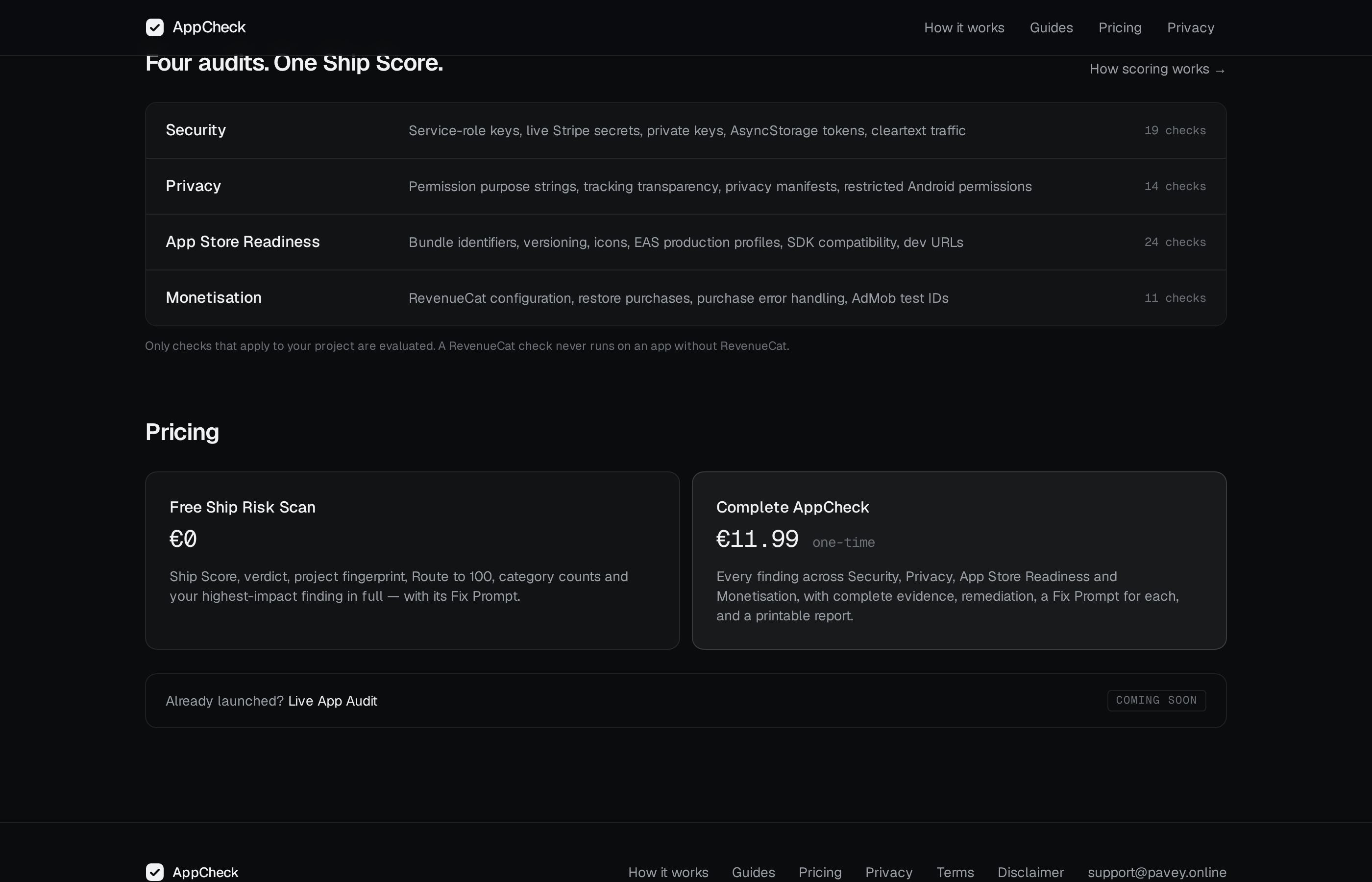 AppCheck security, privacy, App Store readiness and monetisation audits